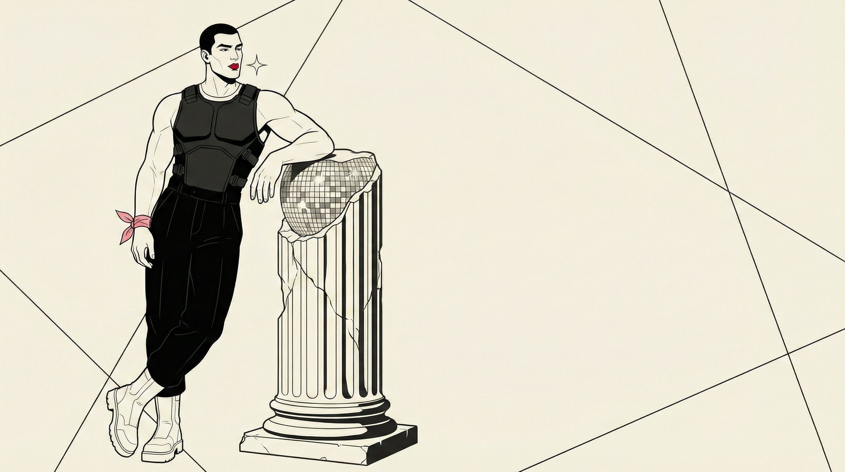 Stylish figure leaning on a classical column with a disco ball